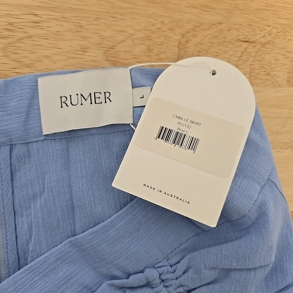 NWT Rumer Revolve Camille Ruched Midi Skirt in Blue Womens Large Vacation‎
